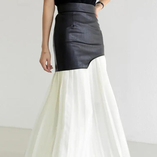 Asymmetric Patchwork Faux Leather Chiffon Pleated Maxi Skirt KNOWRIC