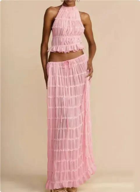 Chic Backless Chiffon Halter Top & Pleated Midi Skirt Set KNOWRIC