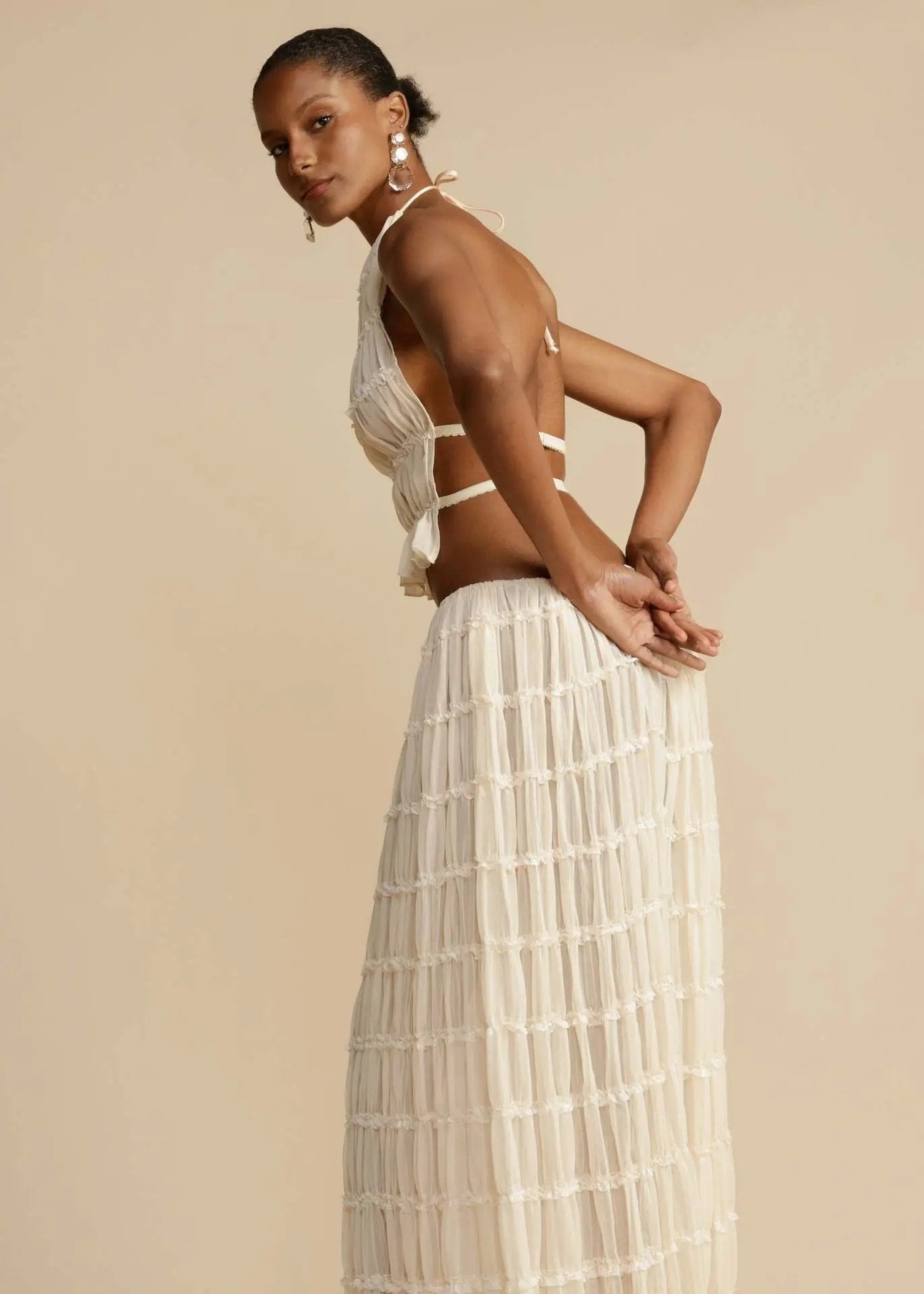 Chic Backless Chiffon Halter Top & Pleated Midi Skirt Set KNOWRIC