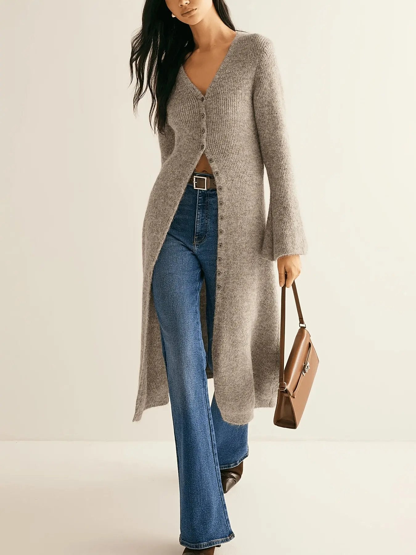 Timeless Khaki Longline Retro Cardigan KNOWRIC