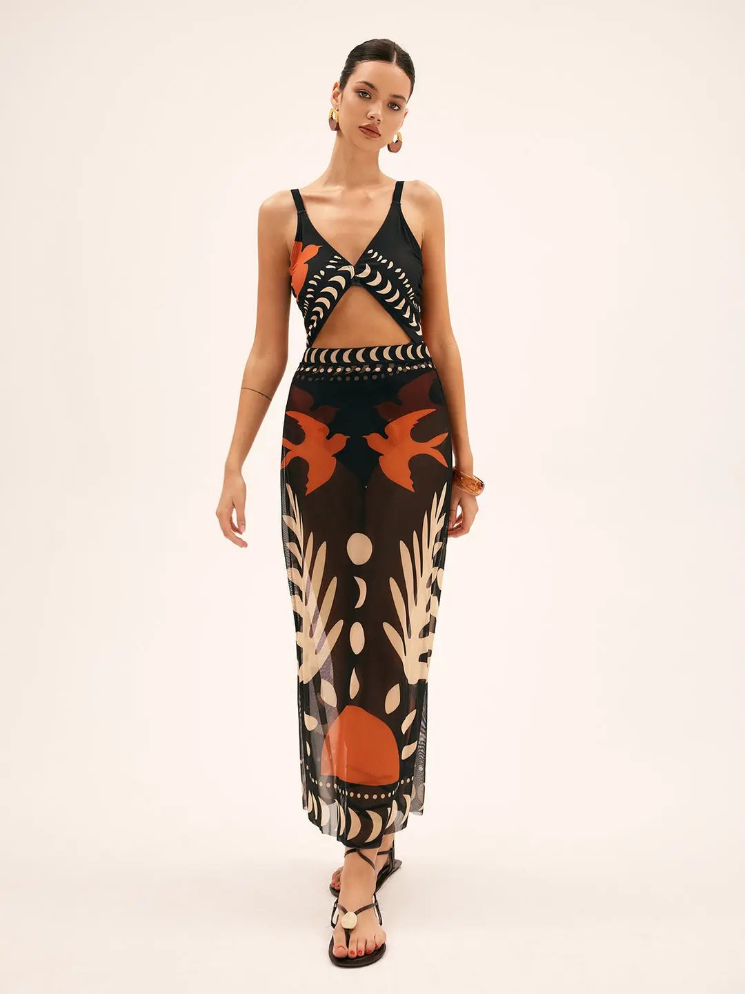 Bird Print Mesh Cover Up Maxi Skirt KNOWRIC