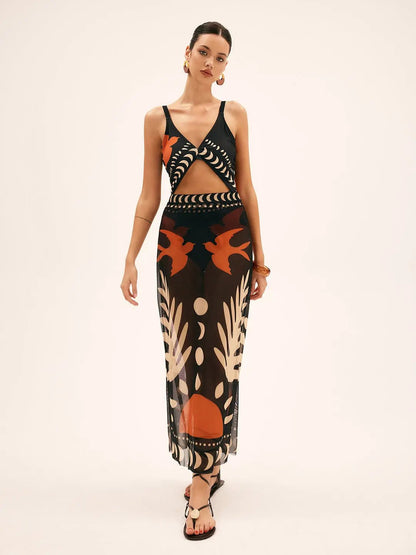 Bird Print Mesh Cover Up Maxi Skirt KNOWRIC
