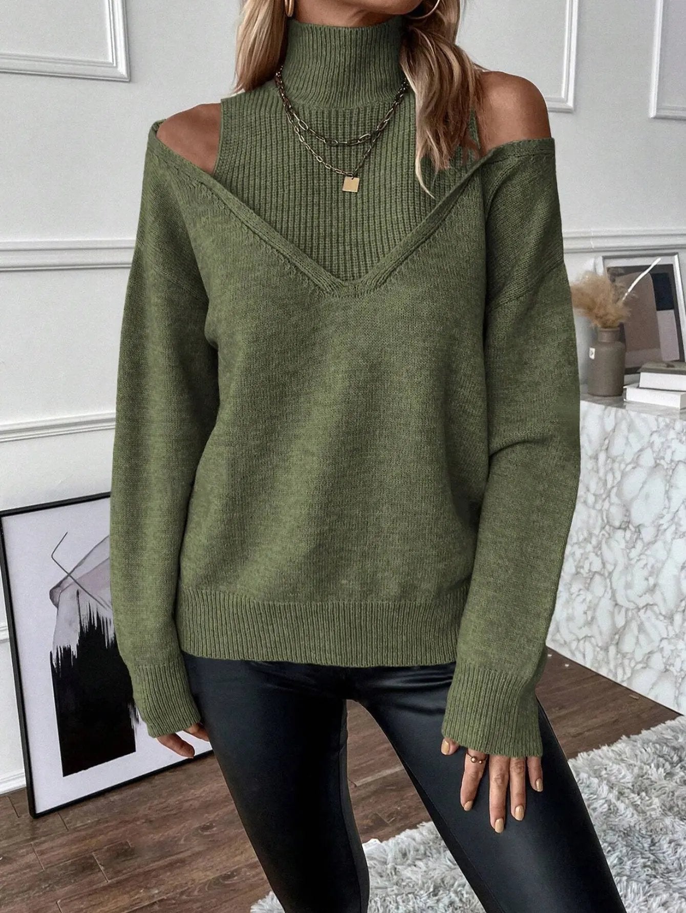 Off Shoulder Mock Neck Thread Knit Sweater KNOWRIC