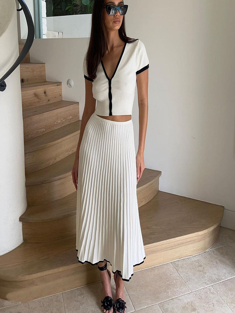 V-Neck Slim Knit Pleated Dress Set - KNOWRIC