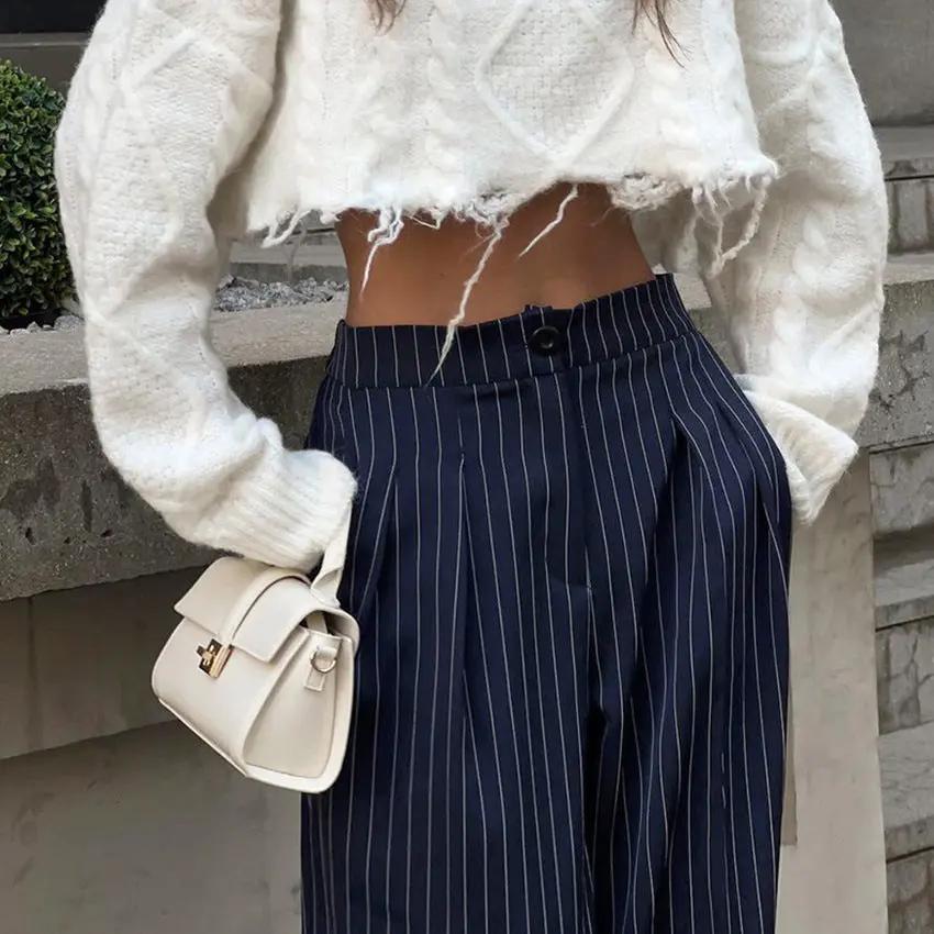 Pinstripe Pleated Wide-Leg Pants KNOWRIC