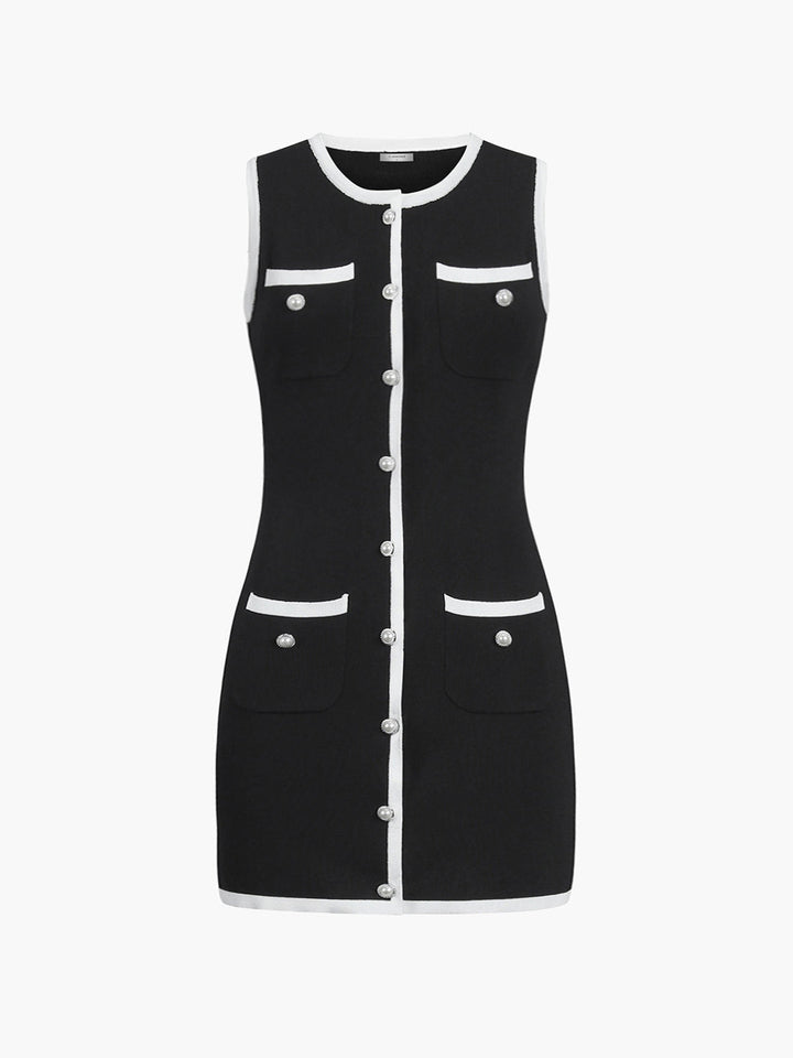 Multi Pocket Button Sleeveless Short Sweater Dress - KNOWRIC