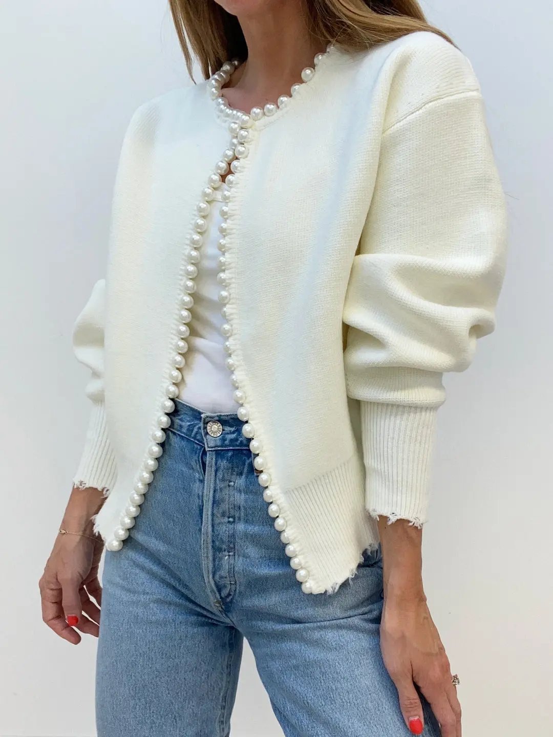 Pearl Trim Ripped Hem Cardigan KNOWRIC