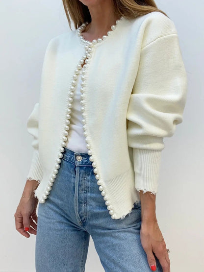 Pearl Trim Ripped Hem Cardigan KNOWRIC