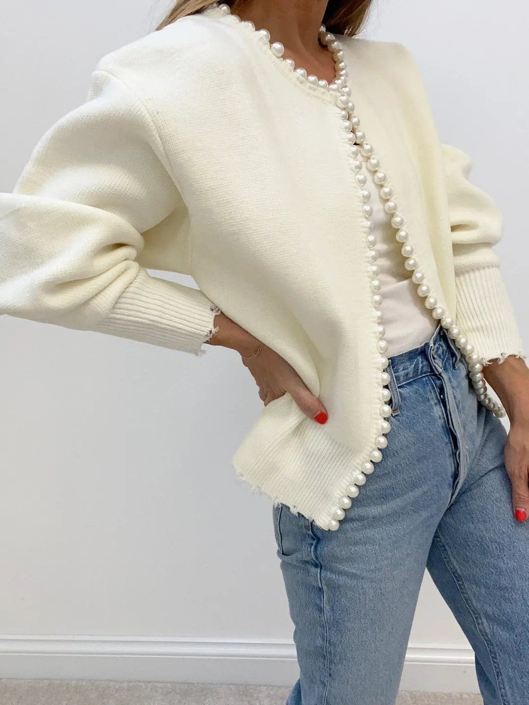 Pearl Trim Ripped Hem Cardigan KNOWRIC