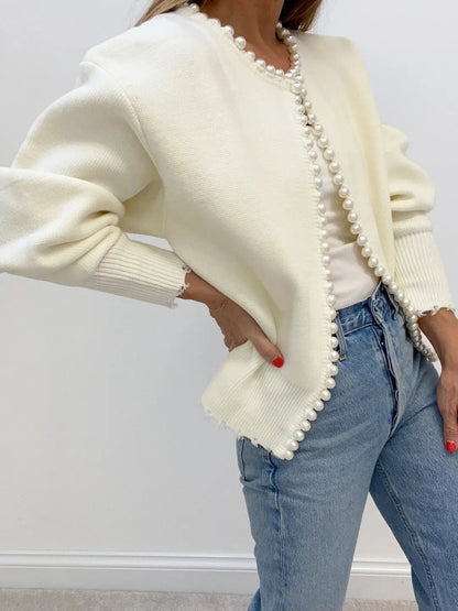 Pearl Trim Ripped Hem Cardigan KNOWRIC