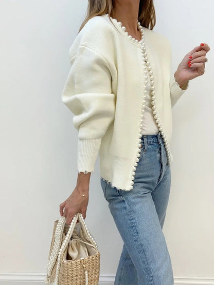 Pearl Trim Ripped Hem Cardigan KNOWRIC