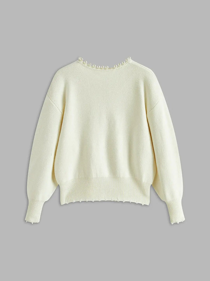 Pearl Trim Ripped Hem Cardigan KNOWRIC