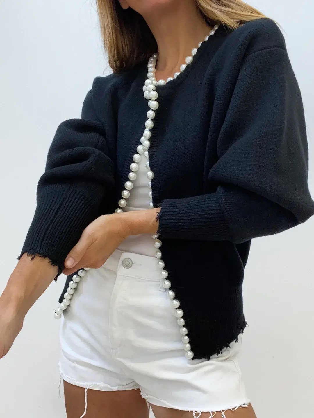 Pearl Trim Ripped Hem Cardigan KNOWRIC