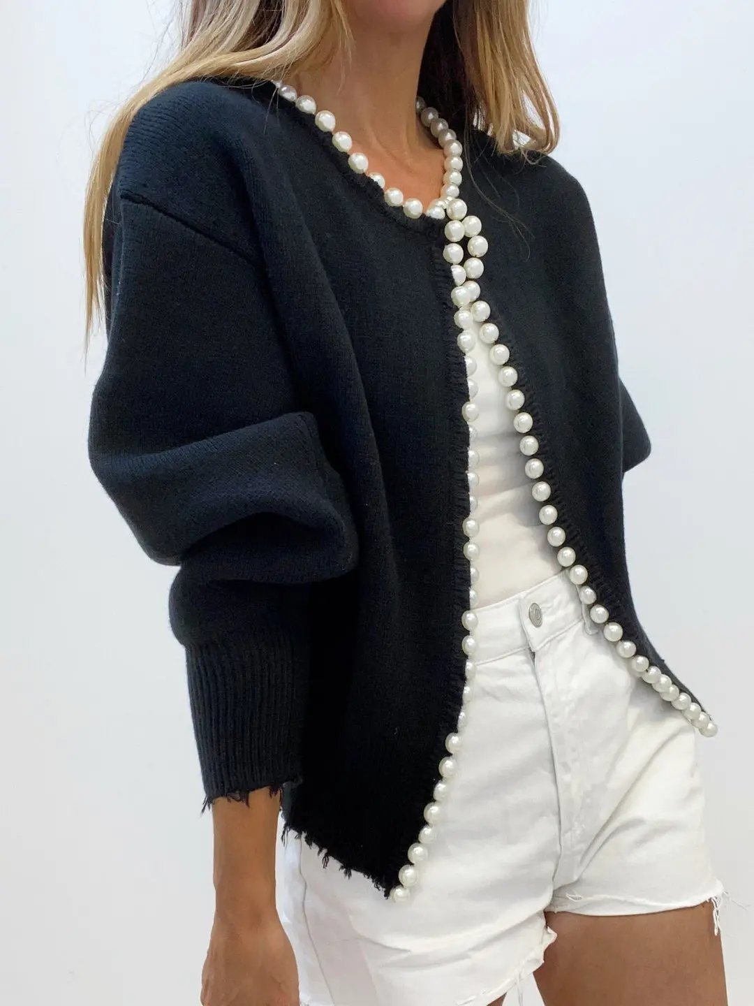 Pearl Trim Ripped Hem Cardigan KNOWRIC