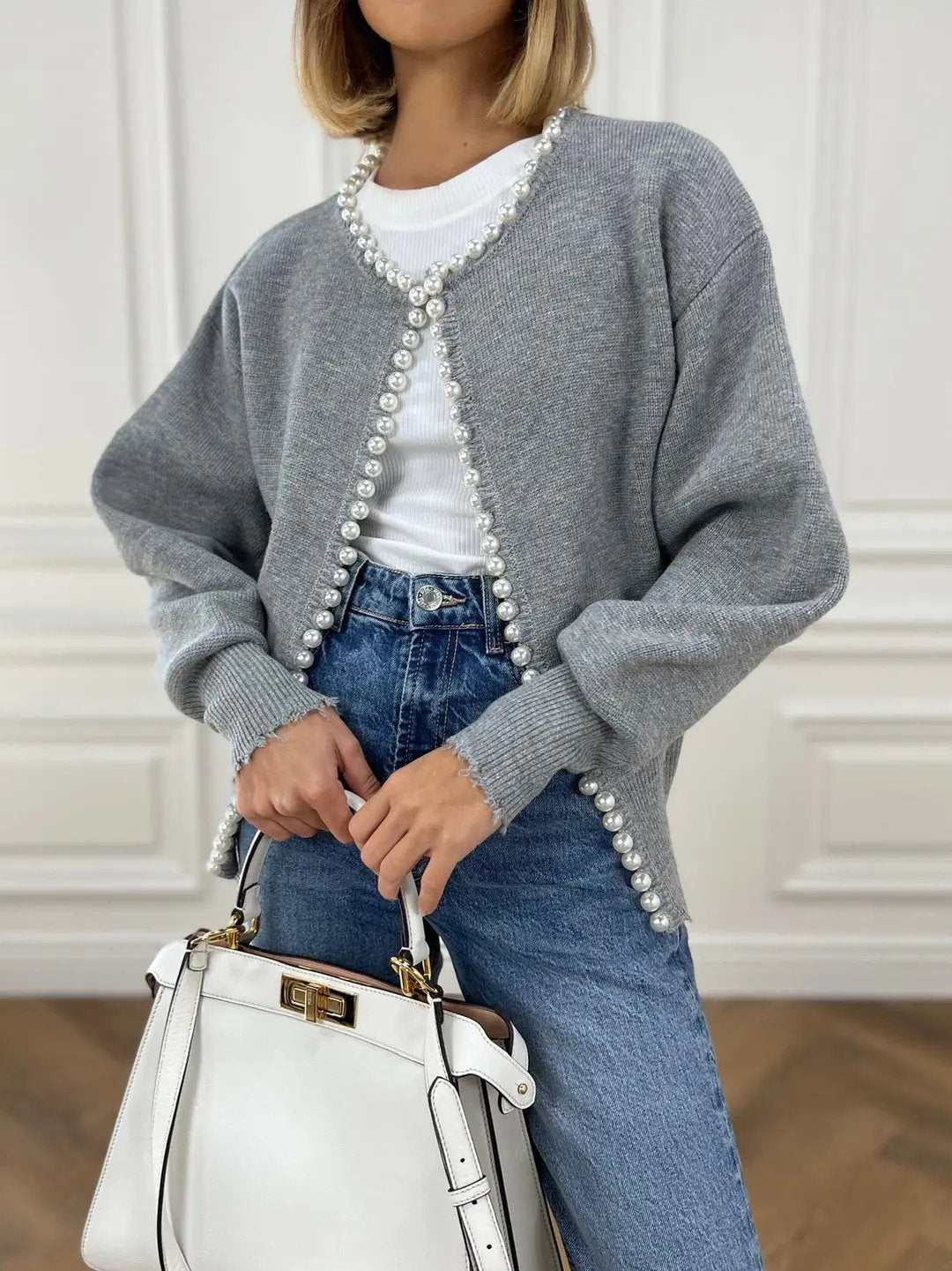 Pearl Trim Ripped Hem Cardigan KNOWRIC