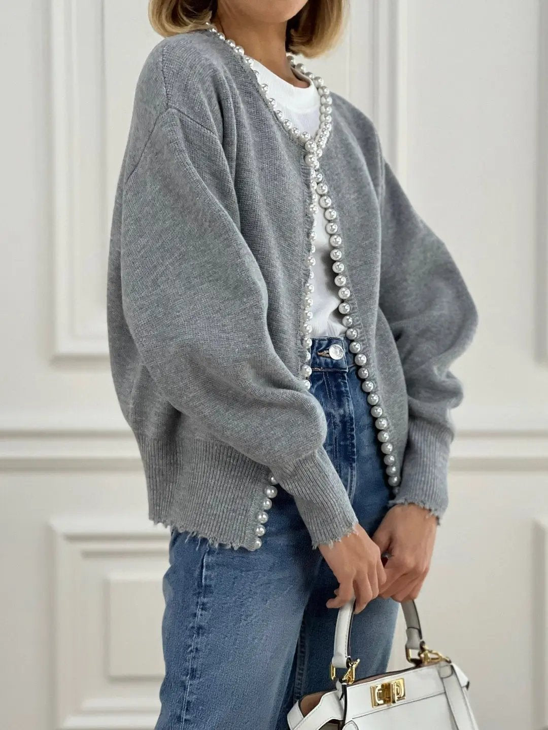 Pearl Trim Ripped Hem Cardigan KNOWRIC