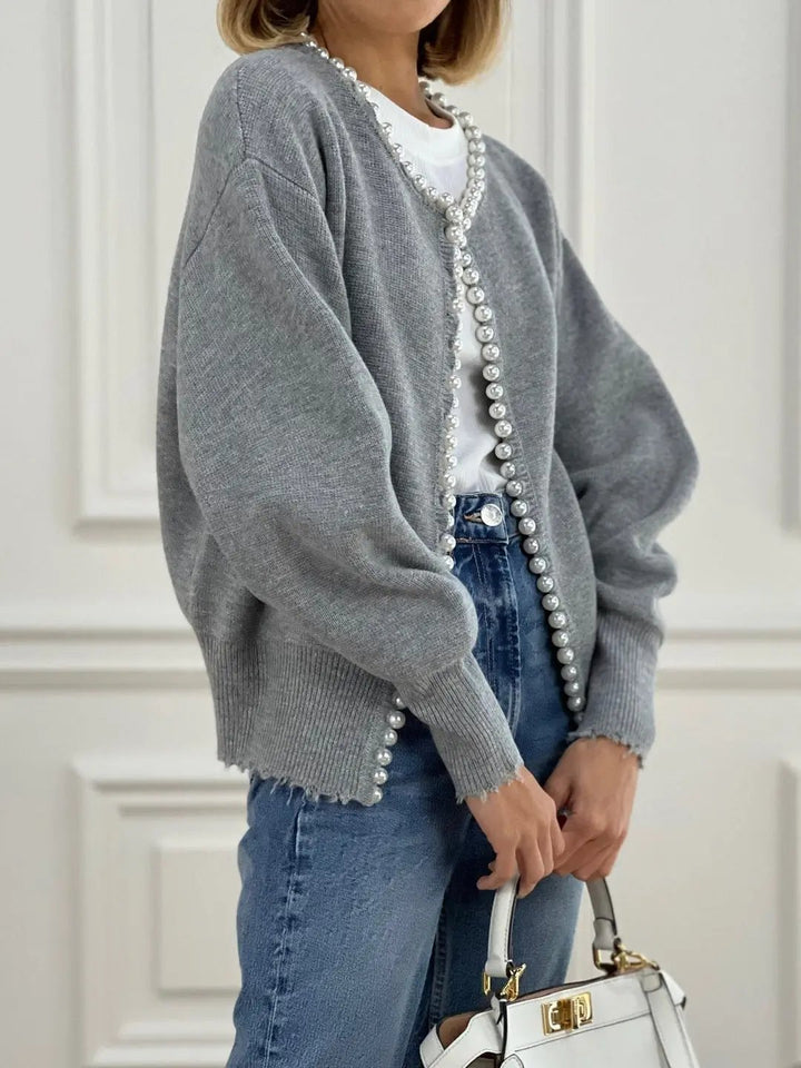 Pearl Trim Ripped Hem Cardigan KNOWRIC