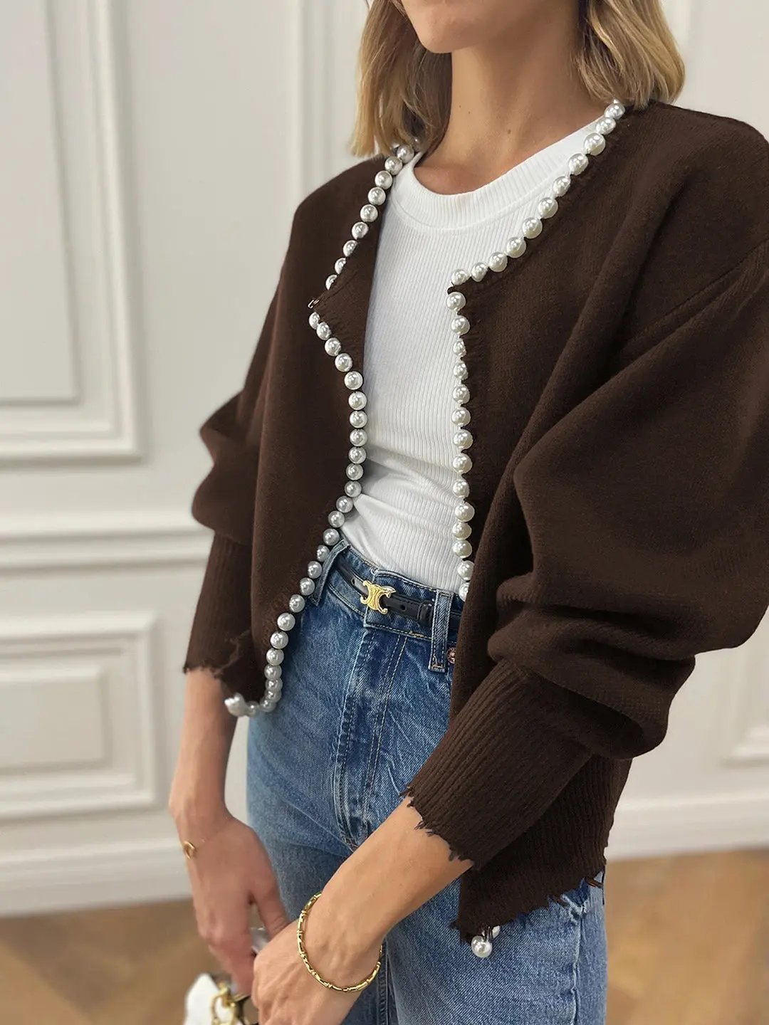 Pearl Trim Ripped Hem Cardigan KNOWRIC