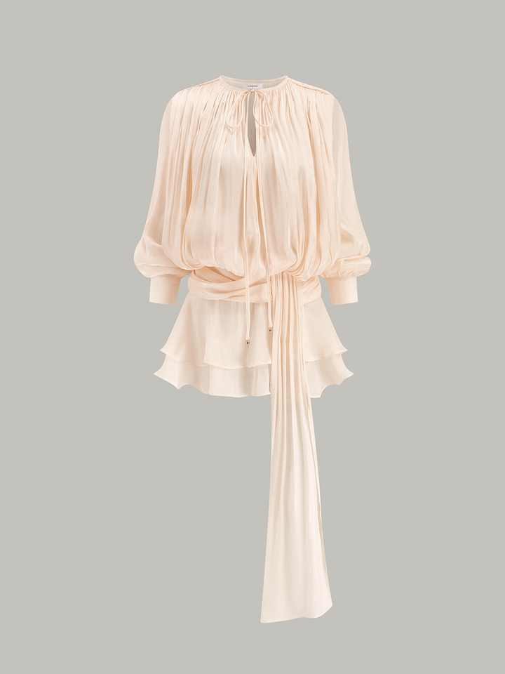 Semi-Sheer Tiered Draped Tie-Waist Mini Dress - KNOWRIC