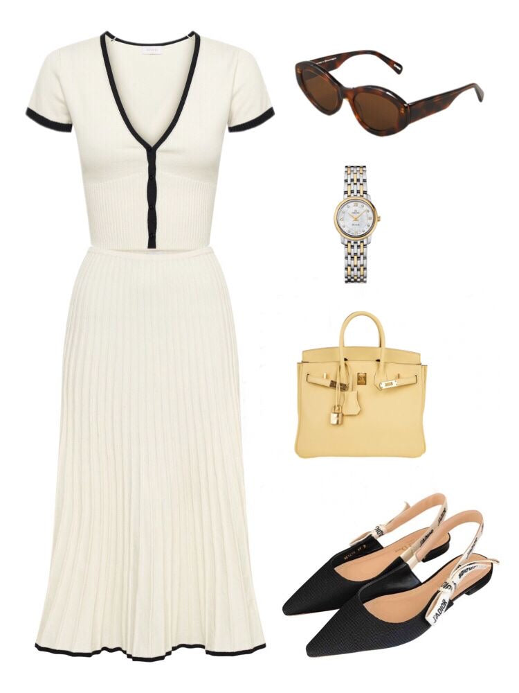 V-Neck Slim Knit Pleated Dress Set - KNOWRIC