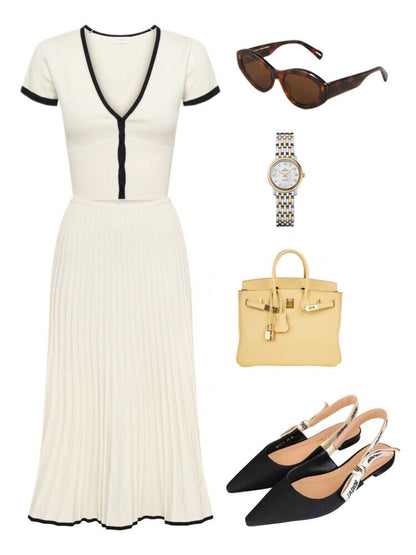 V-Neck Slim Knit Pleated Dress Set - KNOWRIC