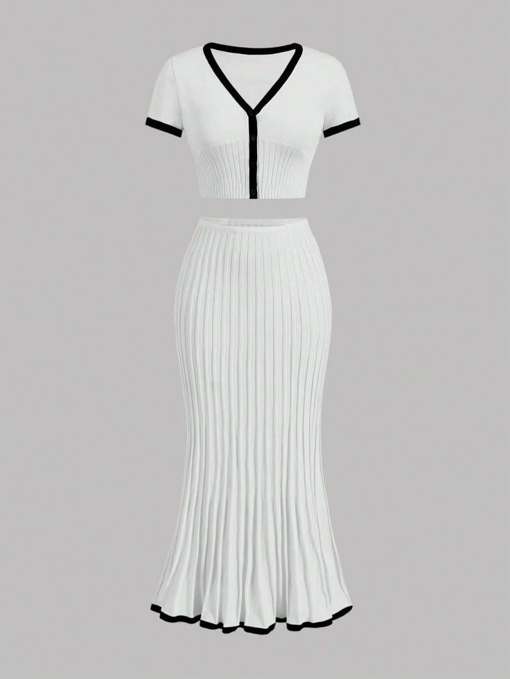 V-Neck Slim Knit Pleated Dress Set - KNOWRIC