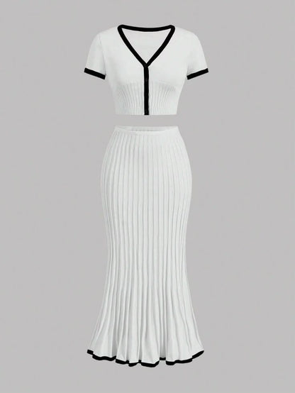 V-Neck Slim Knit Pleated Dress Set - KNOWRIC