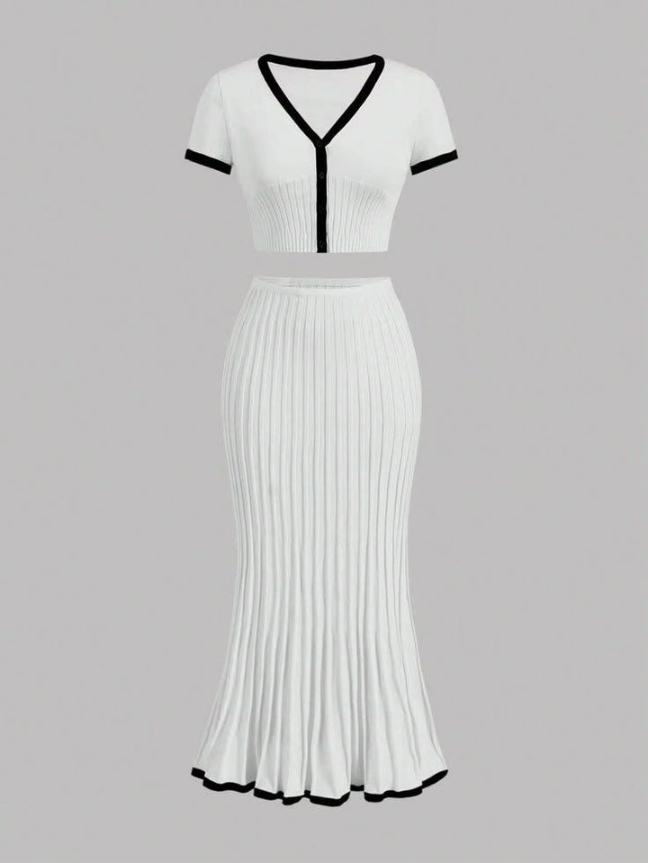 V-Neck Slim Knit Pleated Dress Set - KNOWRIC