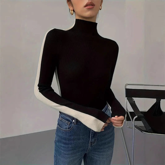 Black With High Collar Knitted New Versatile Long Sleeves KNOWRIC