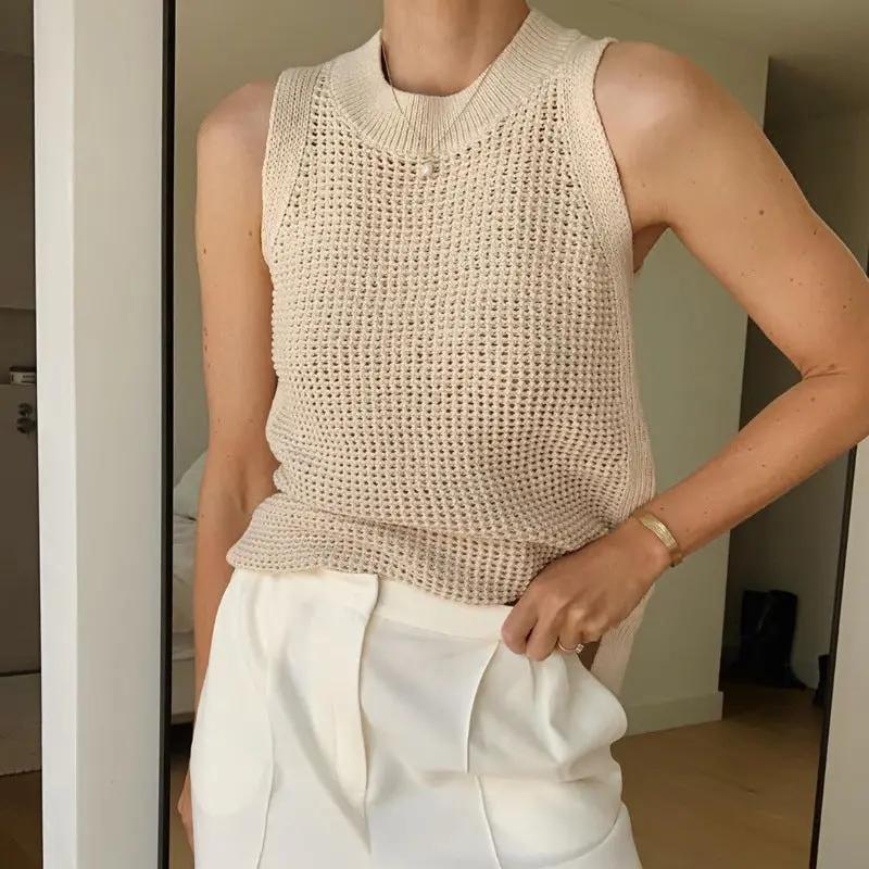 Knit Hollow Solid Tank Top KNOWRIC