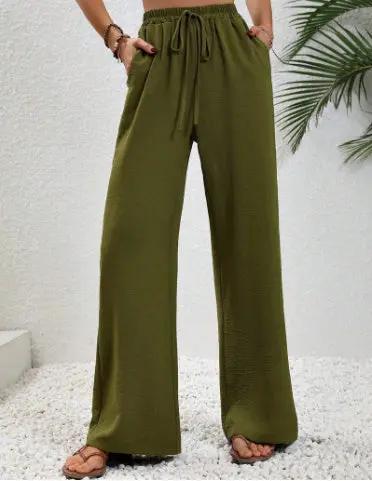 Drawstring Wide-Leg Casual Trousers with Pockets KNOWRIC