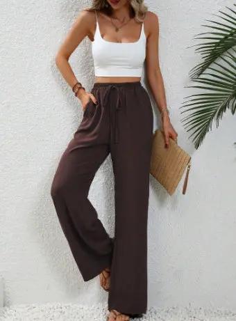 Drawstring Wide-Leg Casual Trousers with Pockets KNOWRIC