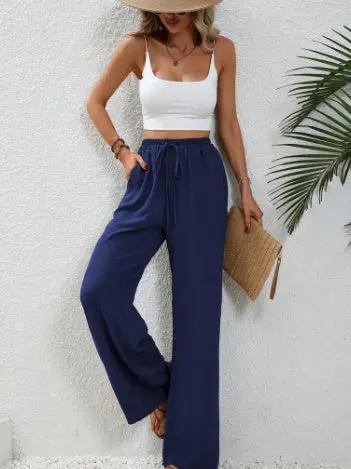 Drawstring Wide-Leg Casual Trousers with Pockets KNOWRIC