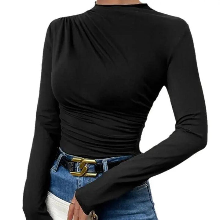 Cross-Over Collar Pleated Cinched T-Shirt KNOWRIC