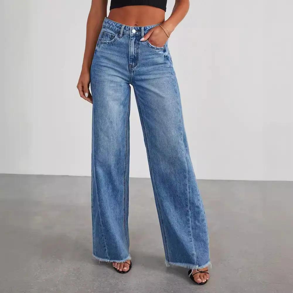 Wide-Leg Frayed Hem Denim Jeans KNOWRIC