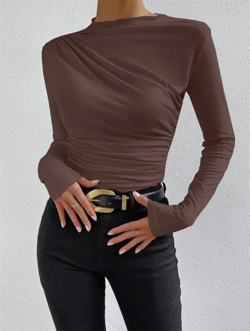 Cross-Over Collar Pleated Cinched T-Shirt KNOWRIC