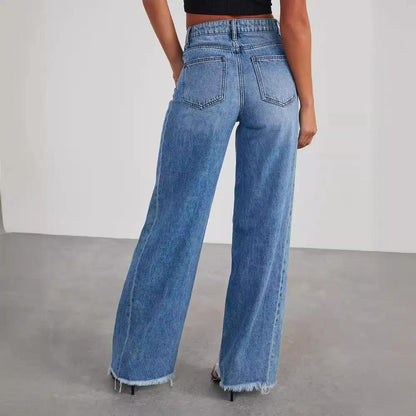 Wide-Leg Frayed Hem Denim Jeans KNOWRIC
