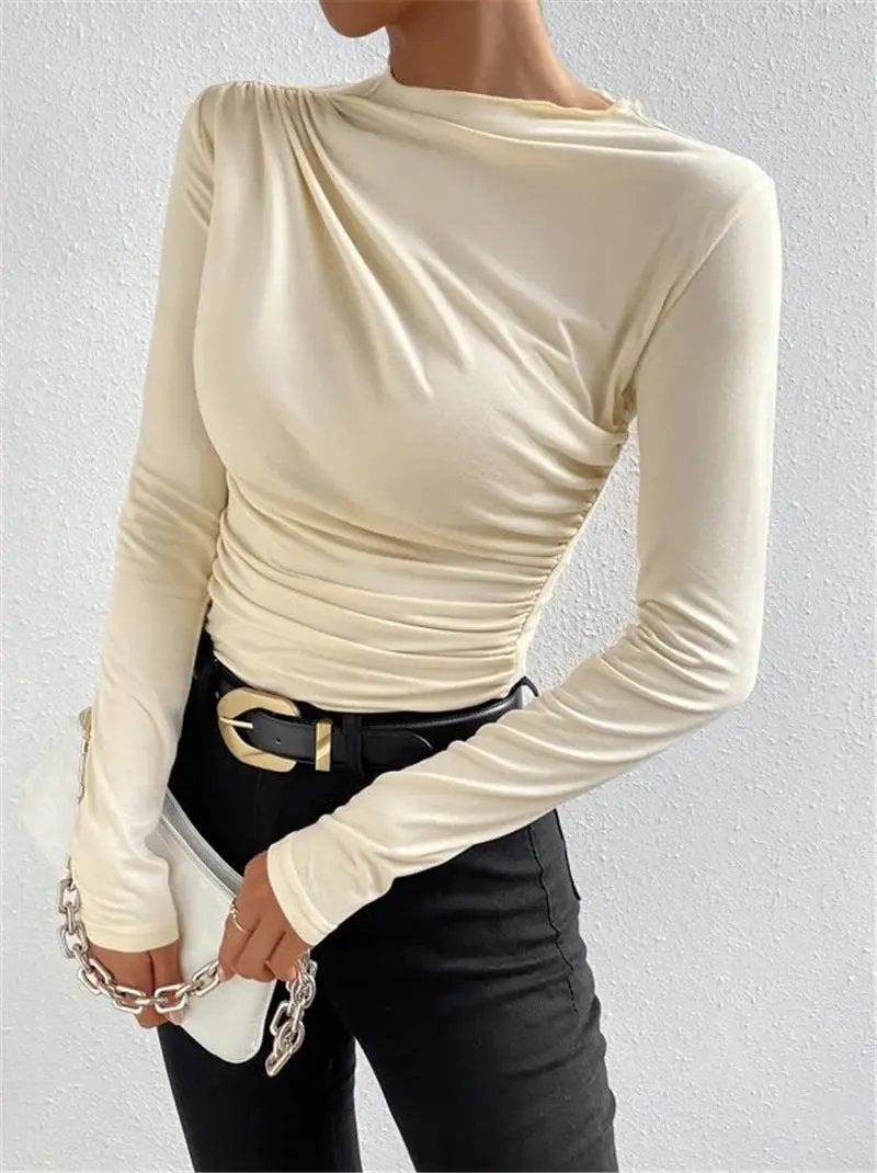 Cross-Over Collar Pleated Cinched T-Shirt KNOWRIC