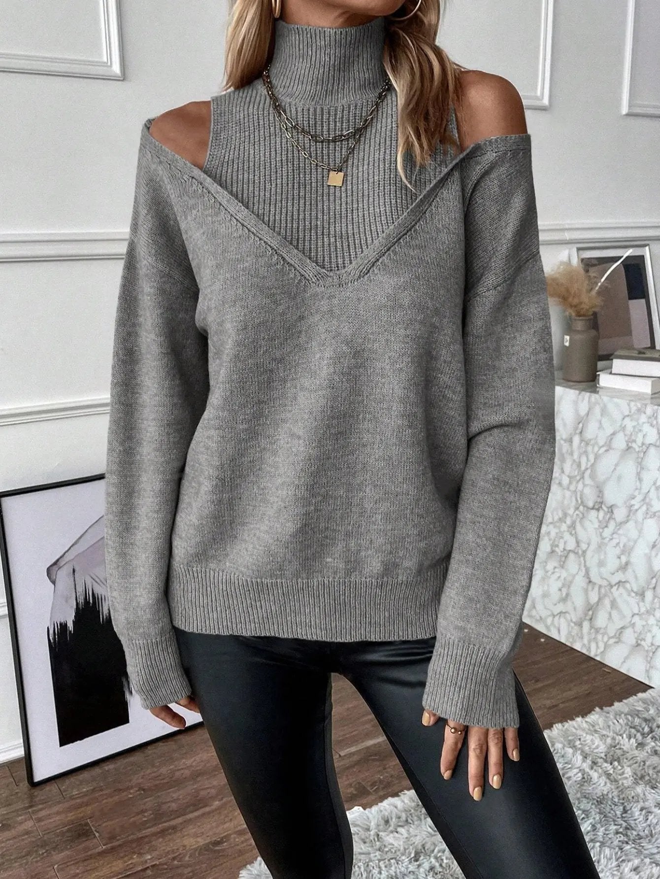 Off Shoulder Mock Neck Thread Knit Sweater KNOWRIC