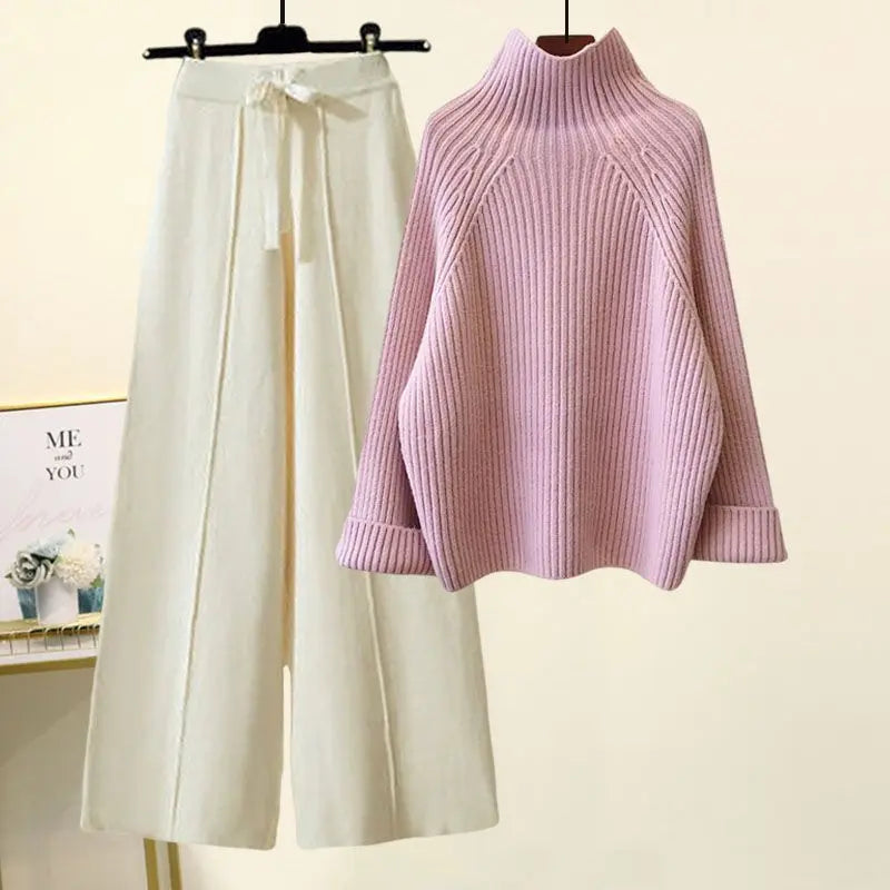 Chic Lace-Up Dropped-Shoulder Sweater & Cropped Wide-Leg Pant Set KNOWRIC
