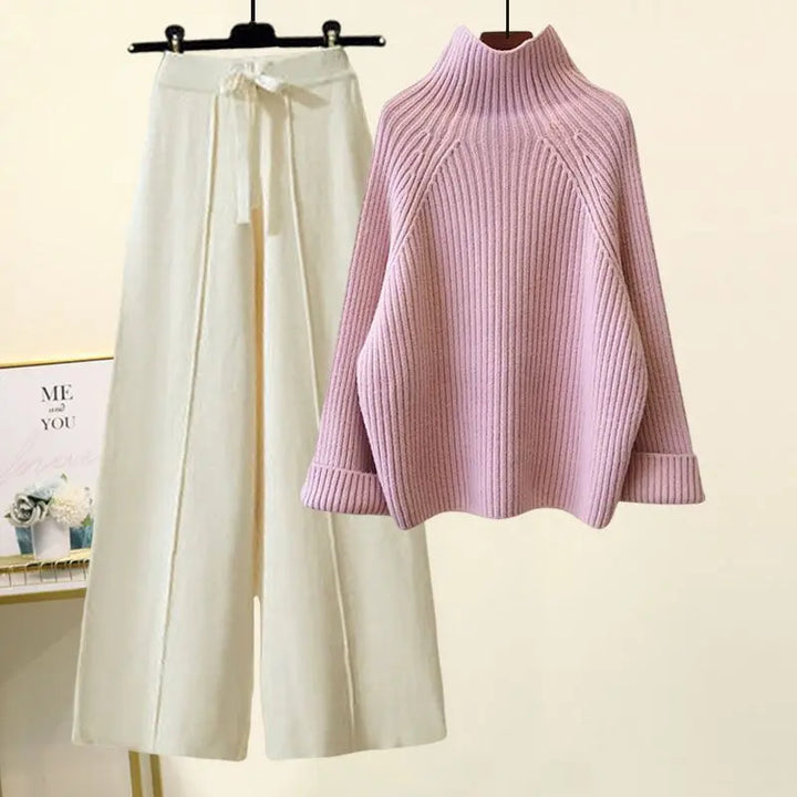 Chic Lace-Up Dropped-Shoulder Sweater & Cropped Wide-Leg Pant Set KNOWRIC