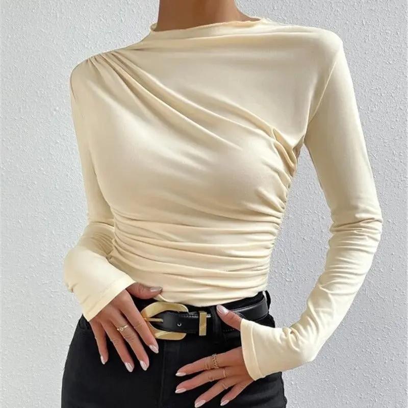 Cross-Over Collar Pleated Cinched T-Shirt KNOWRIC