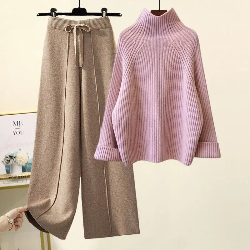 Chic Lace-Up Dropped-Shoulder Sweater & Cropped Wide-Leg Pant Set KNOWRIC