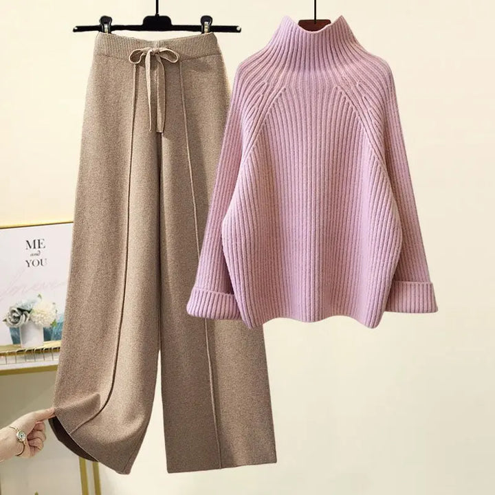 Chic Lace-Up Dropped-Shoulder Sweater & Cropped Wide-Leg Pant Set KNOWRIC