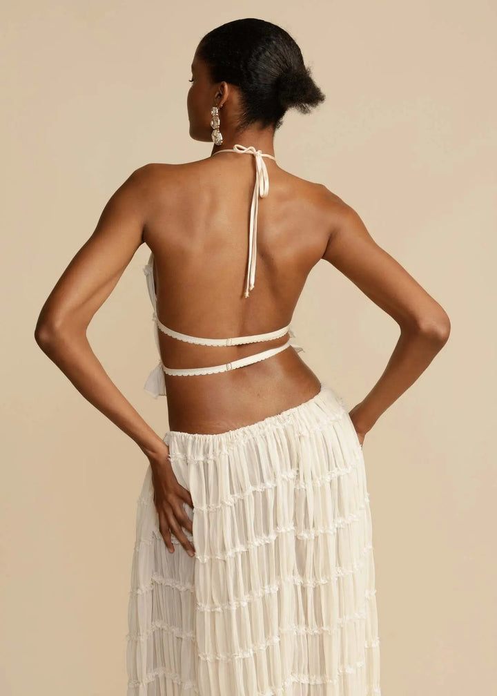 Chic Backless Chiffon Halter Top & Pleated Midi Skirt Set KNOWRIC