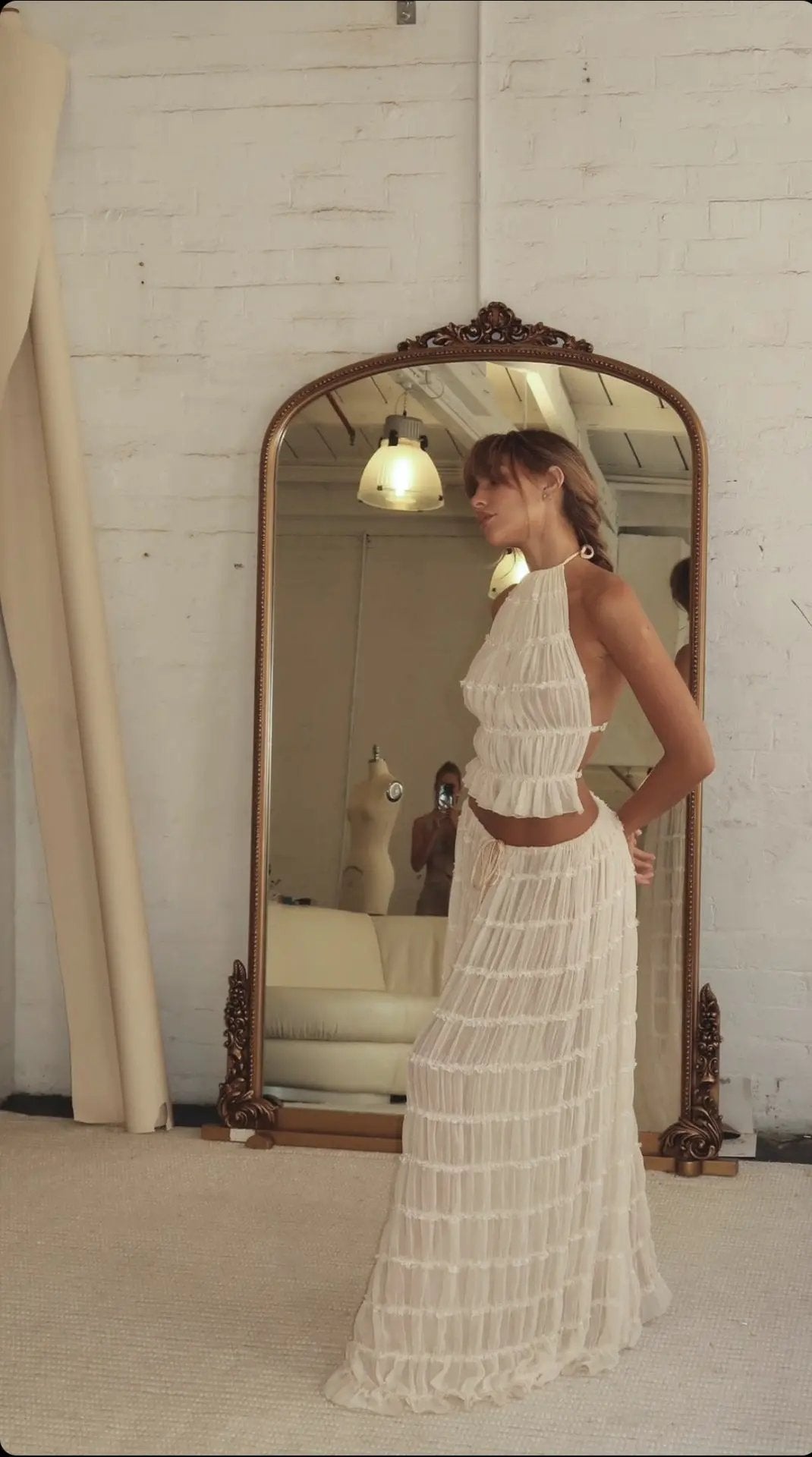 Chic Backless Chiffon Halter Top & Pleated Midi Skirt Set KNOWRIC