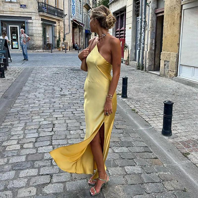 Moonlight Open Back Satin Slit Long Dress KNOWRIC