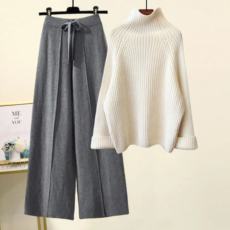 Chic Lace-Up Dropped-Shoulder Sweater & Cropped Wide-Leg Pant Set KNOWRIC