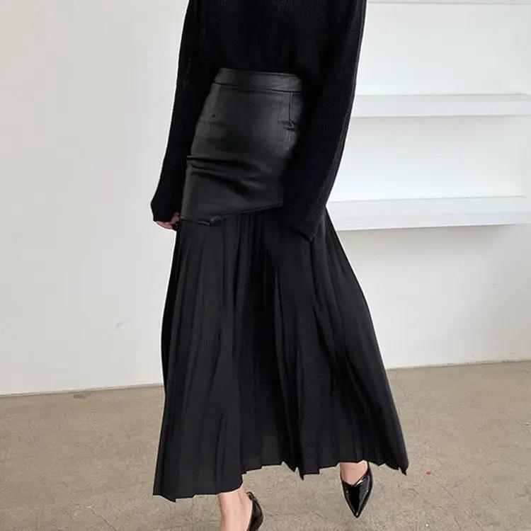 Asymmetric Patchwork Faux Leather Chiffon Pleated Maxi Skirt KNOWRIC