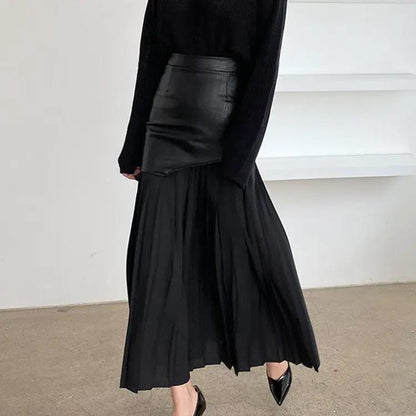 Asymmetric Patchwork Faux Leather Chiffon Pleated Maxi Skirt KNOWRIC